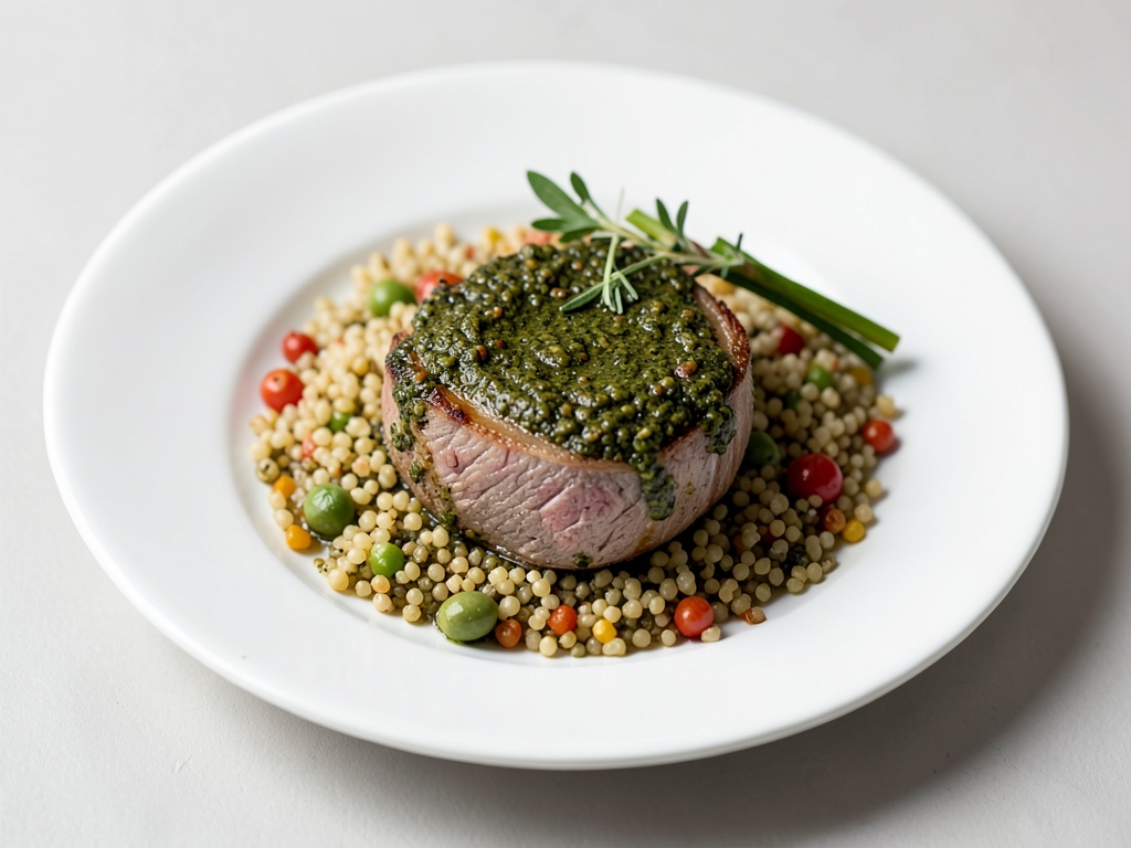 Filetto di agnello al pesto con padella di verdure e bulgur