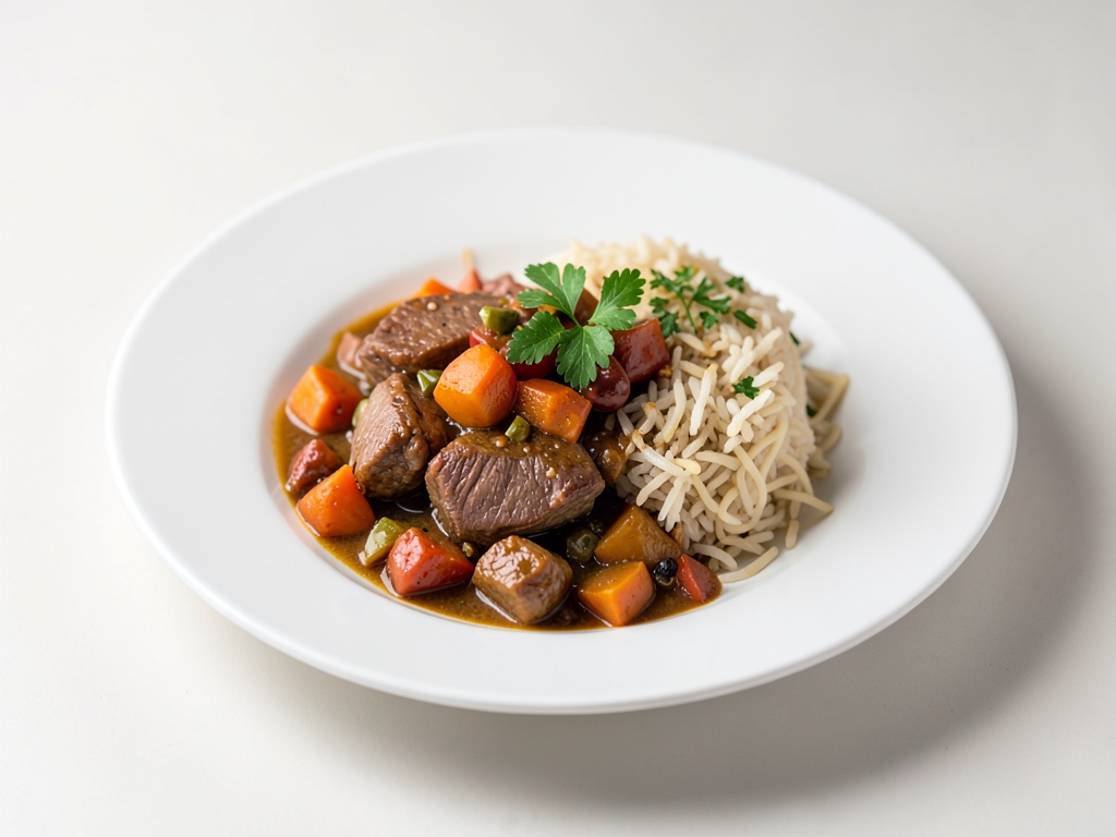 Estofado sabroso de cordero y calabaza con arroz de fideos