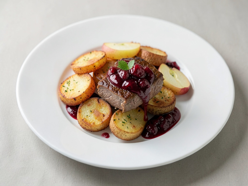 Crocchette di patate croccanti con agnello tenero, mele e salsa ai mirtilli rossi