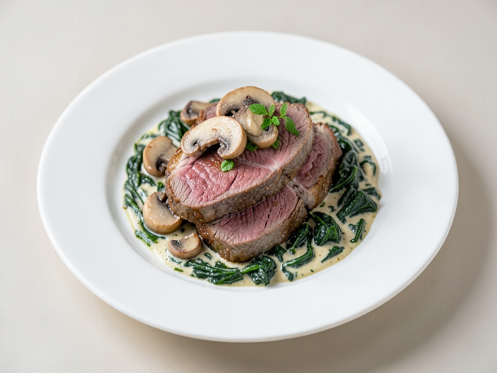 Fettine tenere di filetto di agnello con funghi e spinaci cremosi