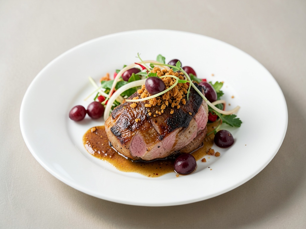 Jus de l'agneau avec une salade de fenouil et raisin croquant