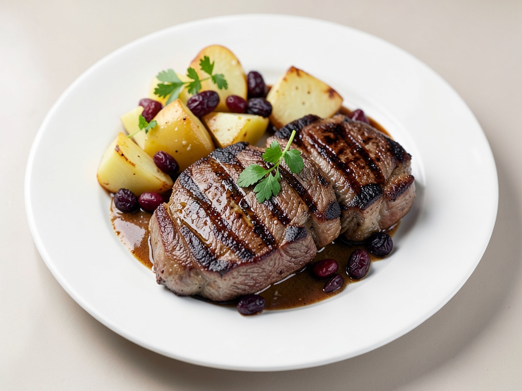 Bistecche di agnello alla griglia con verdure di patate e uvetta
