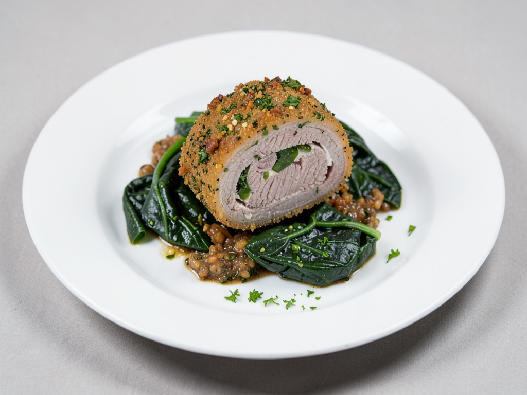 Rotella di agnello croccante con crosta alle erbe e spinaci