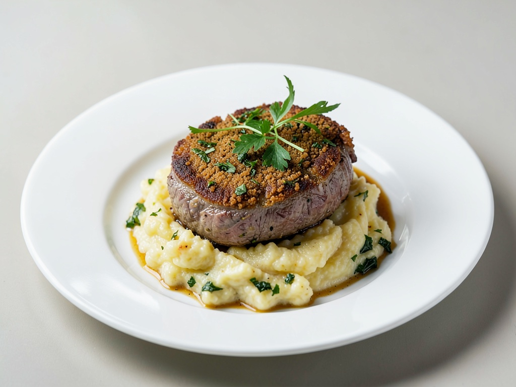 Filetto di cosciotto d'agnello croccante con crosta alle erbe e gratin di patate