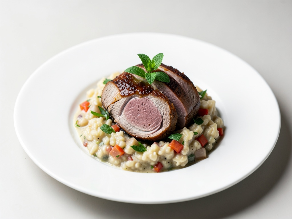 Agnello tenero con purè di verdure radicate cremoso e salsa al menta
