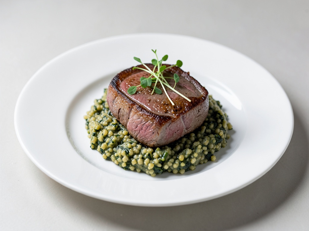 Filetto di agnello tenero con spinaci e bulgur cremosi