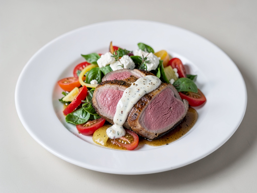 Agnello rosa su insalata di verdure colorate con condimento al feta