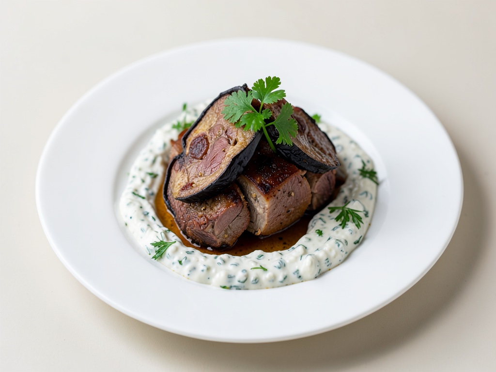 Asado de cordero con berenjena y tzatziki