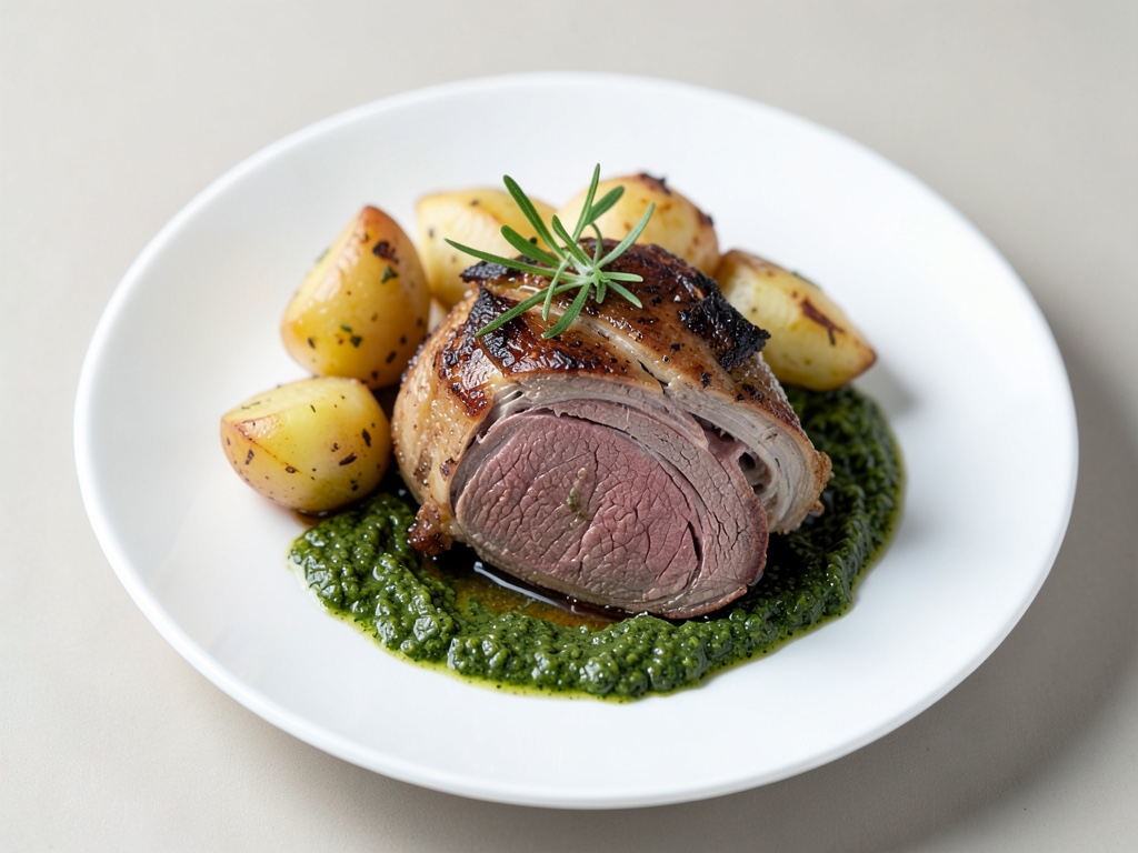 Rôti d'agneau aromatisé avec pommes de terre au four et pesto au basilic