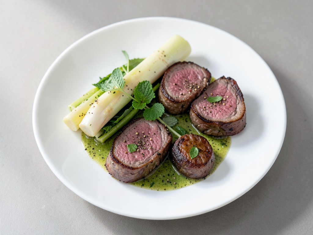 Lamb chops tender with green asparagus and fresh mint yogurt sauce