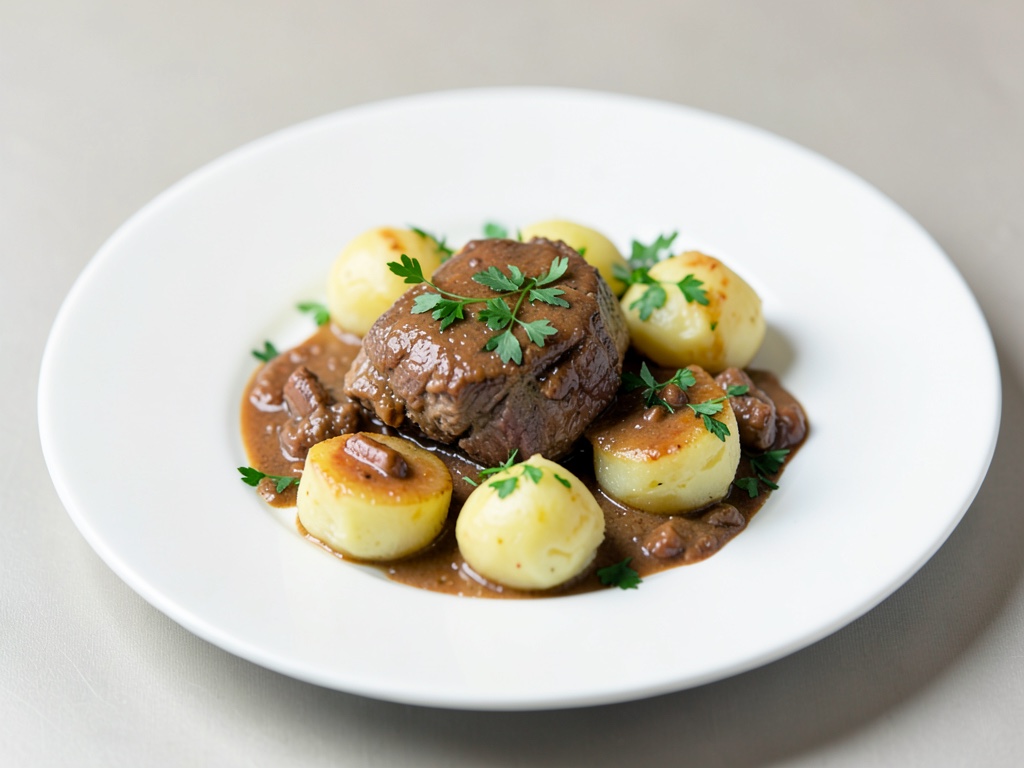 Stufato di agnello al forno con gnocchi di pane