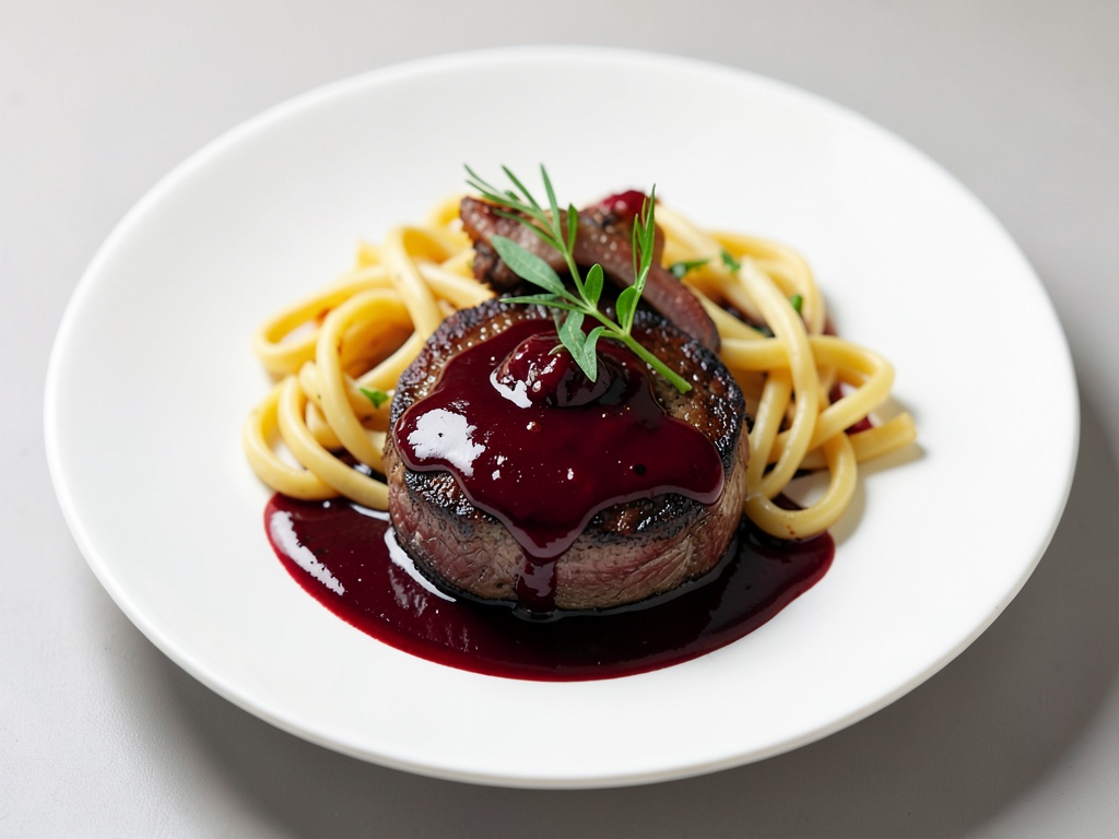 Zarte Lammfilet-Stücke in Rotwein-Sauce mit Nudeln