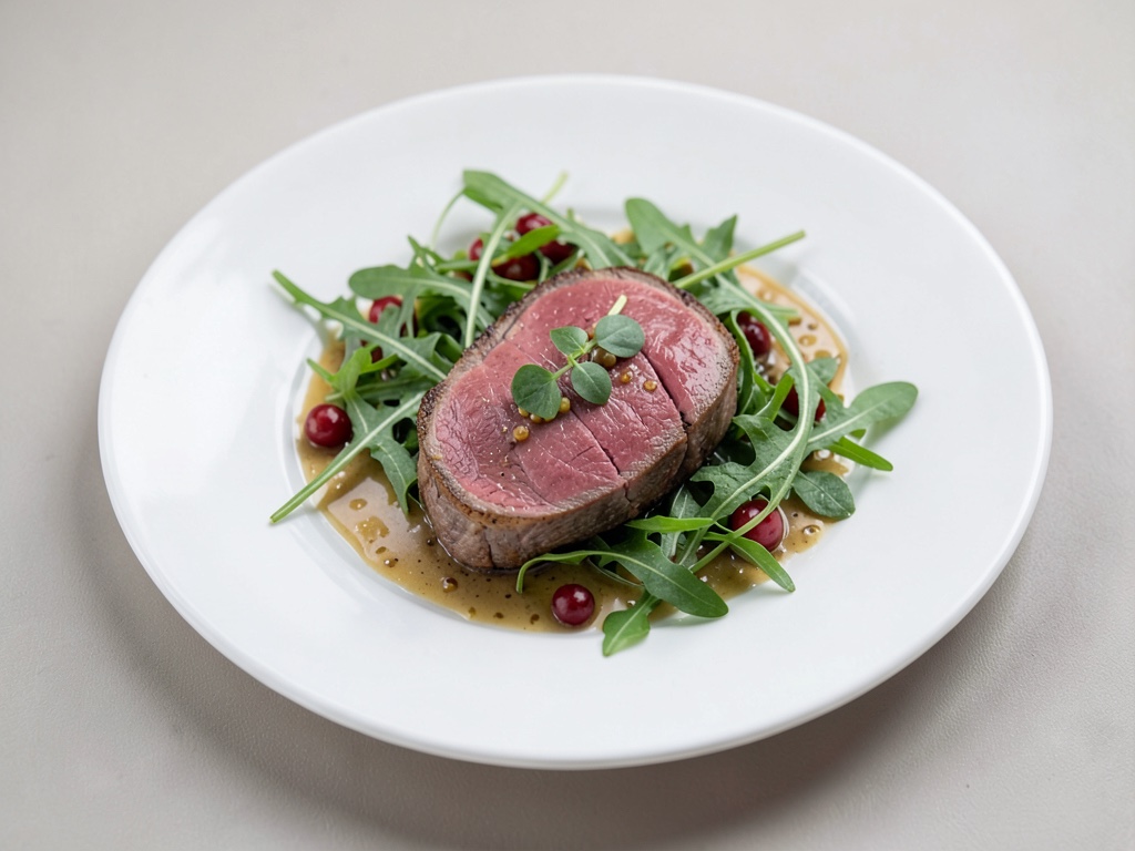 Filetto di agnello rosa su un'insalata fresca di portulaca e rucola