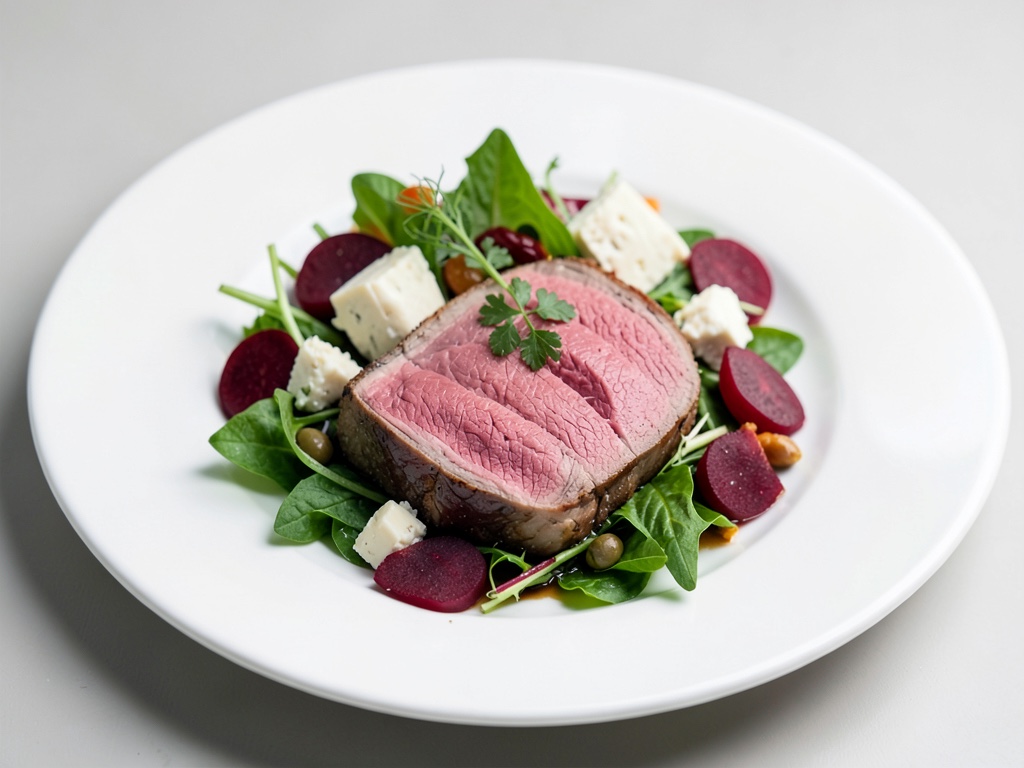 Filetto di agnello rosa su insalata con formaggio di capra e barbabietola rossa