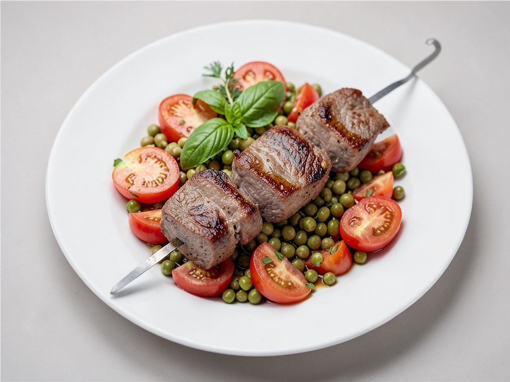 Spiedini di filetto di agnello su insalata di fagioli e pomodori