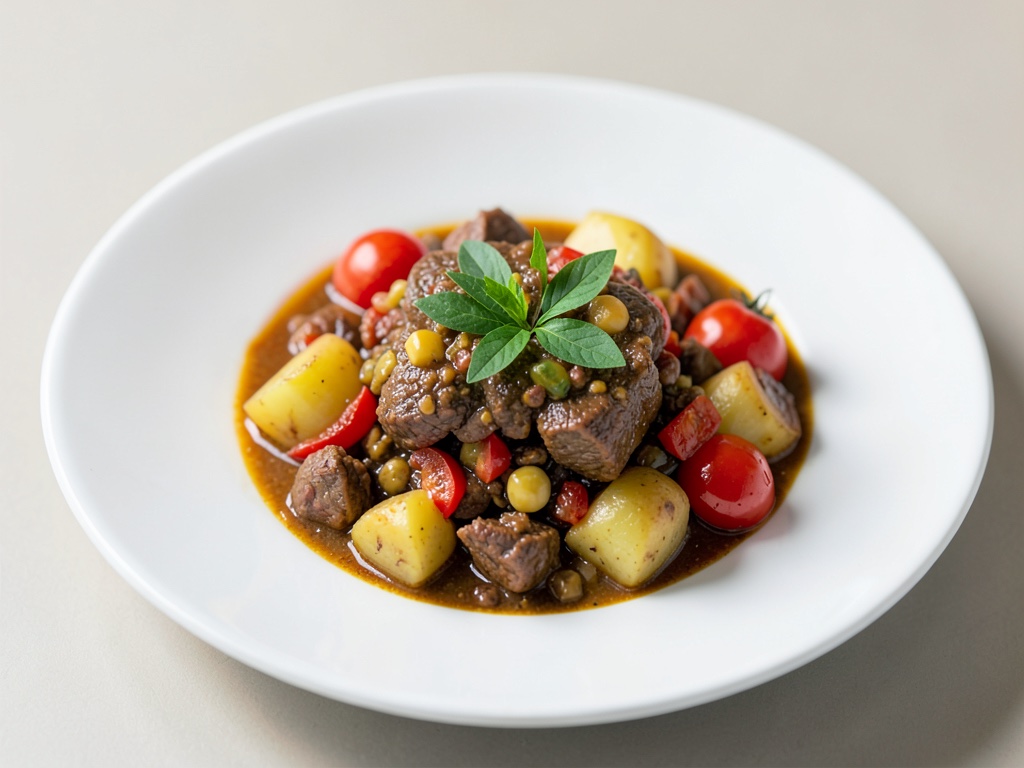Gulasco di agnello saporito con patate e pomodori