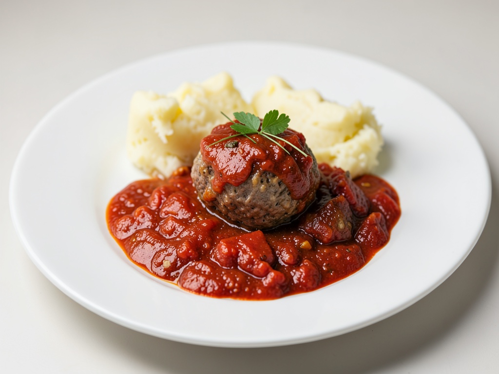 Polpette di agnello in salsa di pomodoro con purè di patate