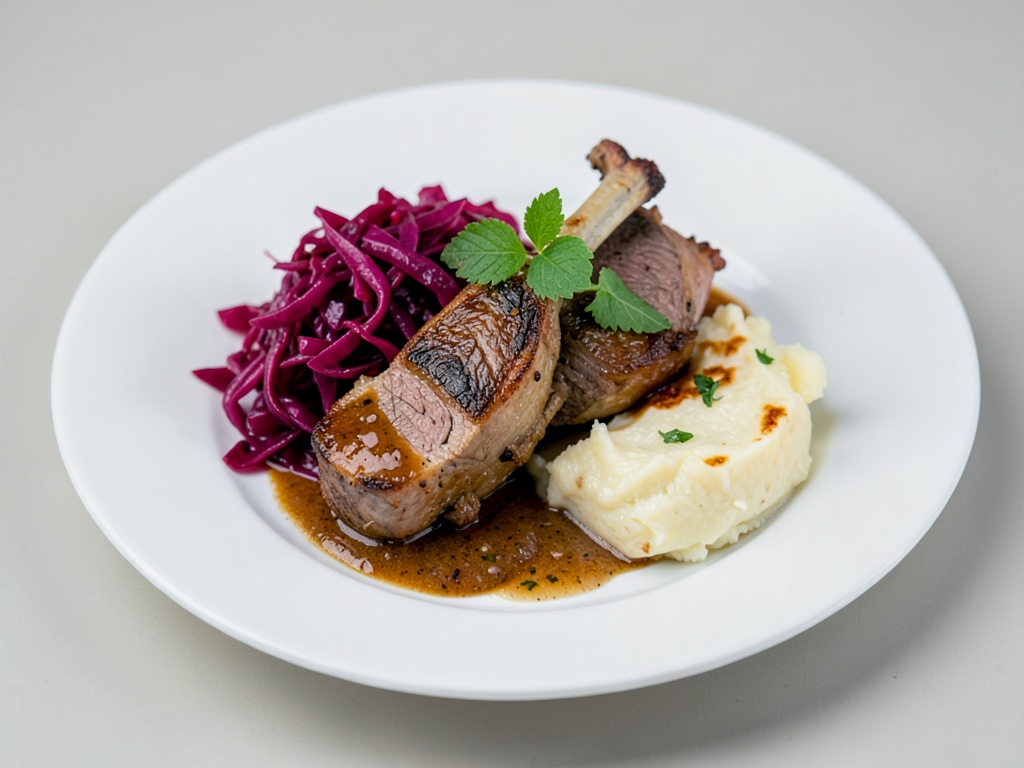 Teneri stinchi di agnello con cavolo rosso dolce-acido e gratin di patate cremoso