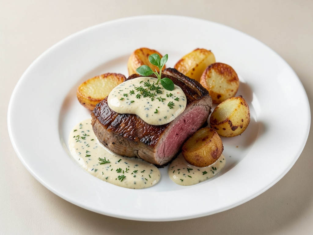 Zartes Lammkamm mit Quendel-Sahnesauce und knusprigen Kartoffeln