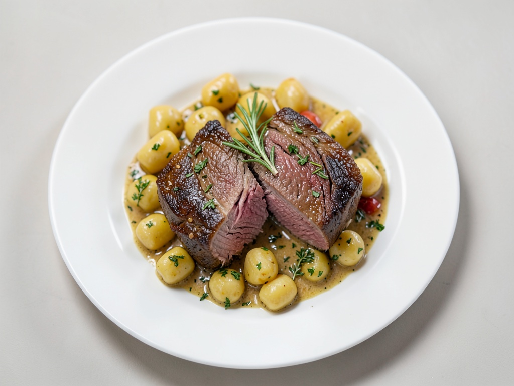 Tenero filetto di coscia d'agnello con gnocchi fatti in casa e pomodori alla vaniglia