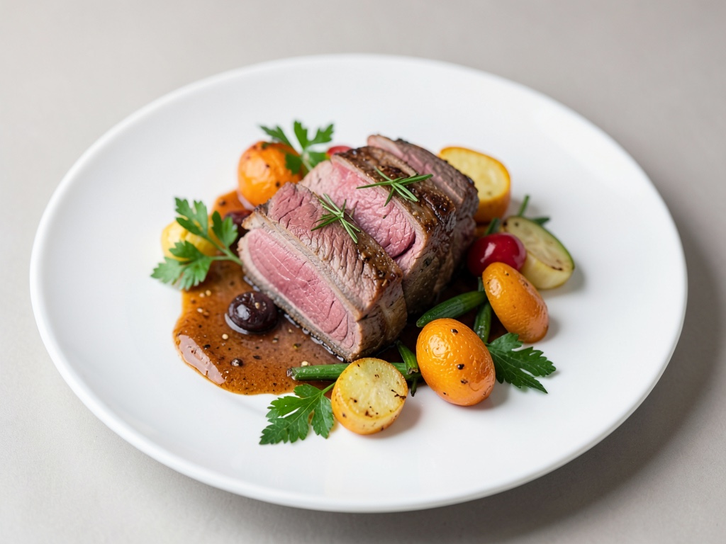 Costoletta di agnello rosa con verdure estive stufate