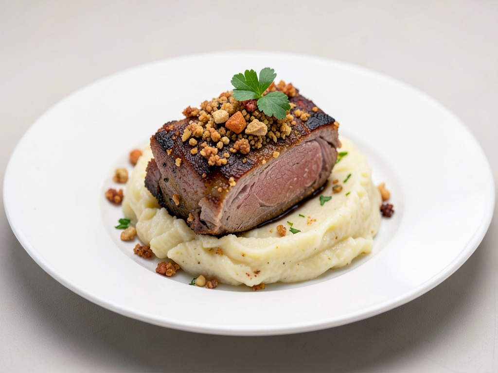 Costoletta d'agnello croccante con crosta di noci e purè di patate cremoso