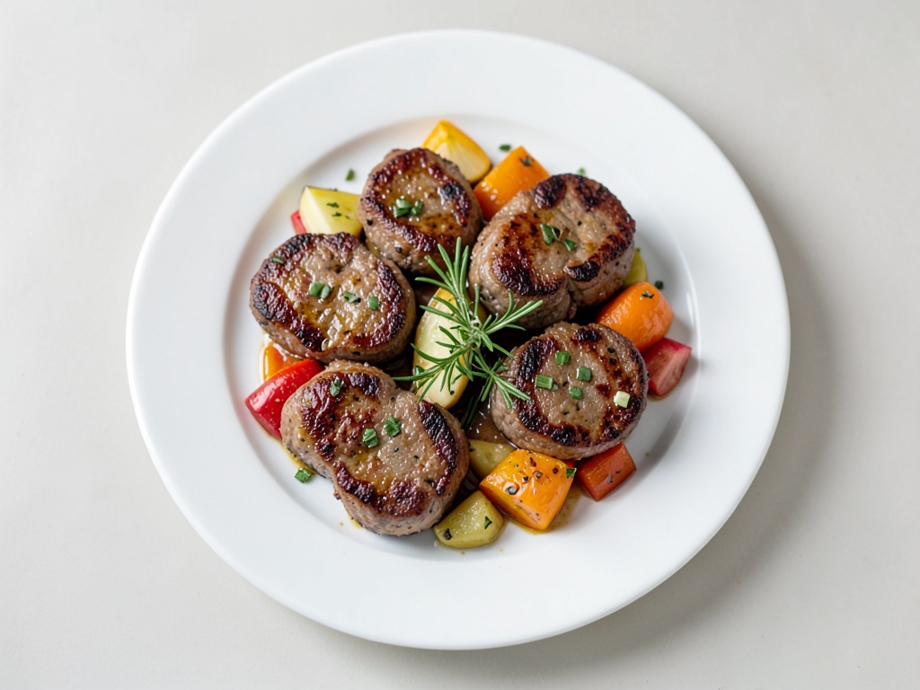 Costolette di agnello succose con pomodori ripieni e fagioli