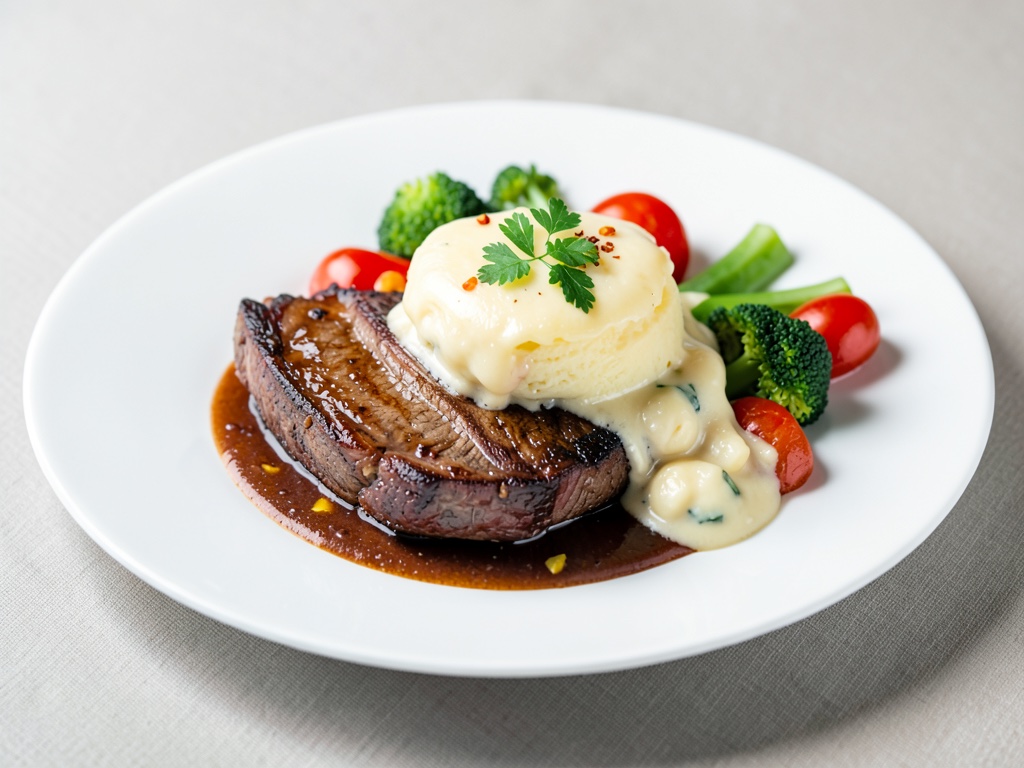 Costolette di agnello succose con gratin di patate cremoso e verdure