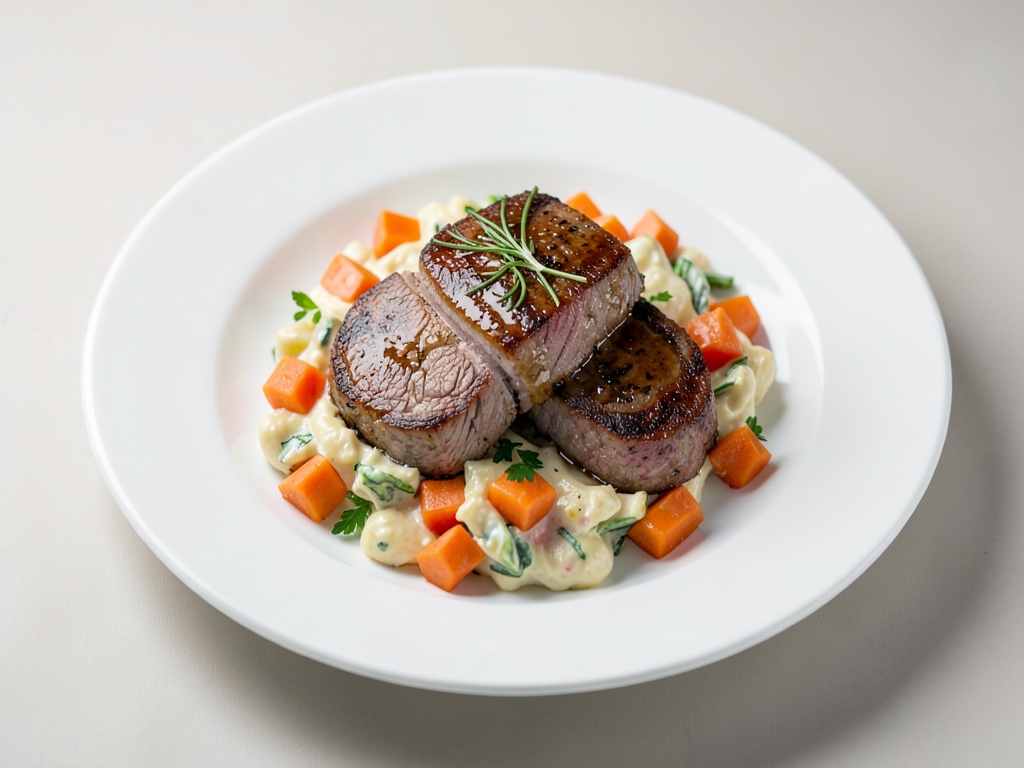 Costolette di agnello tenere su insalata cremosa di patate dolci