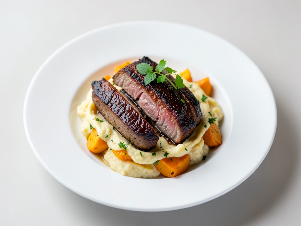 Costolette d'agnello croccanti su un letto cremoso di zucca e patate