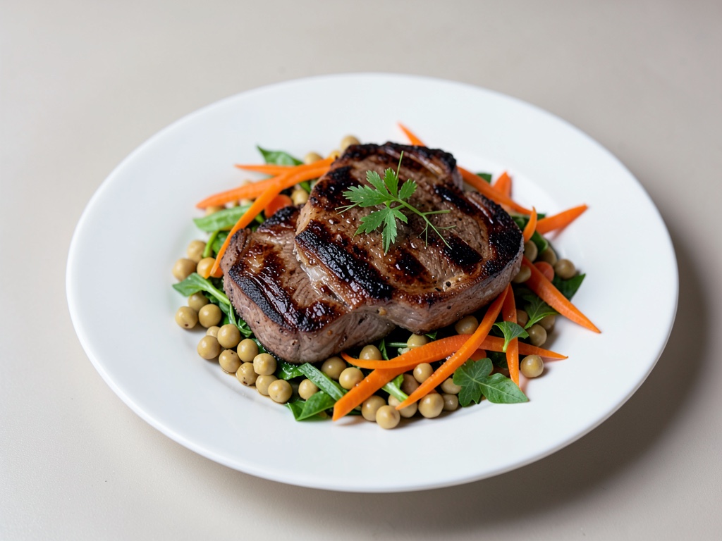 Costolette di agnello alla griglia su un'insalata fresca di carote e ceci