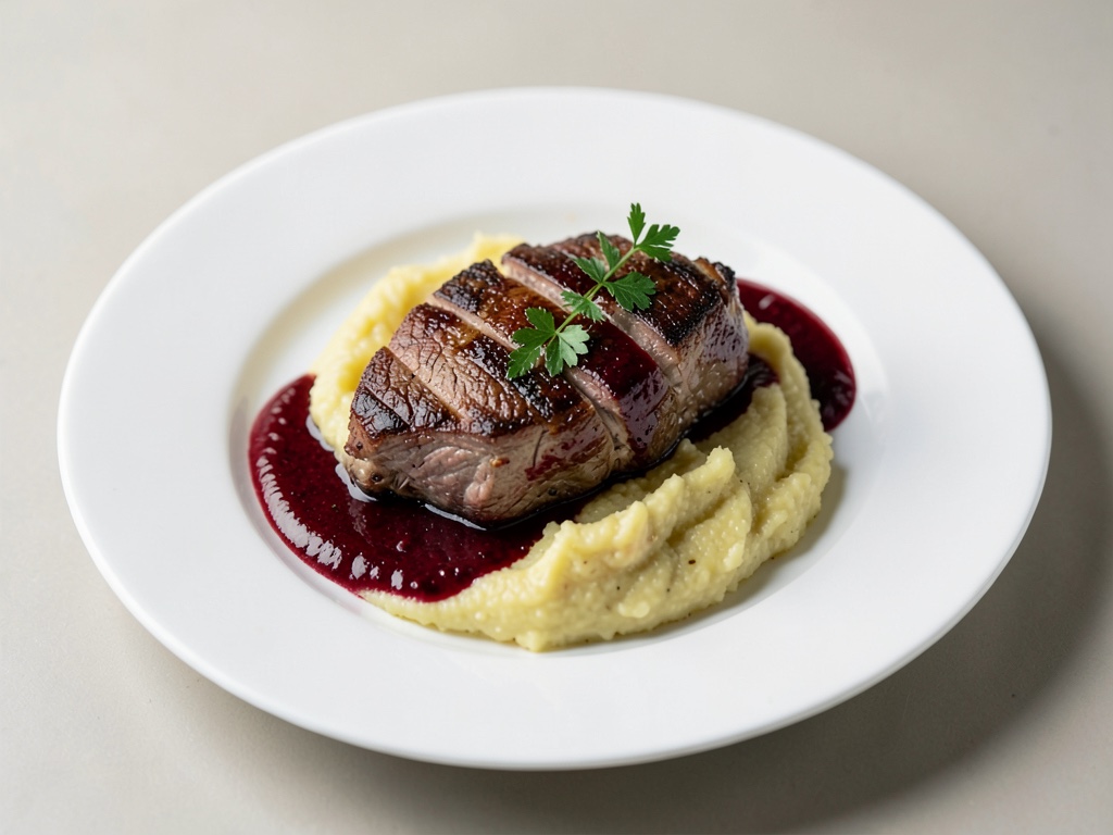 Costolette di agnello tenere con purè di pastinaca cremoso e salsa di patate al vino rosso