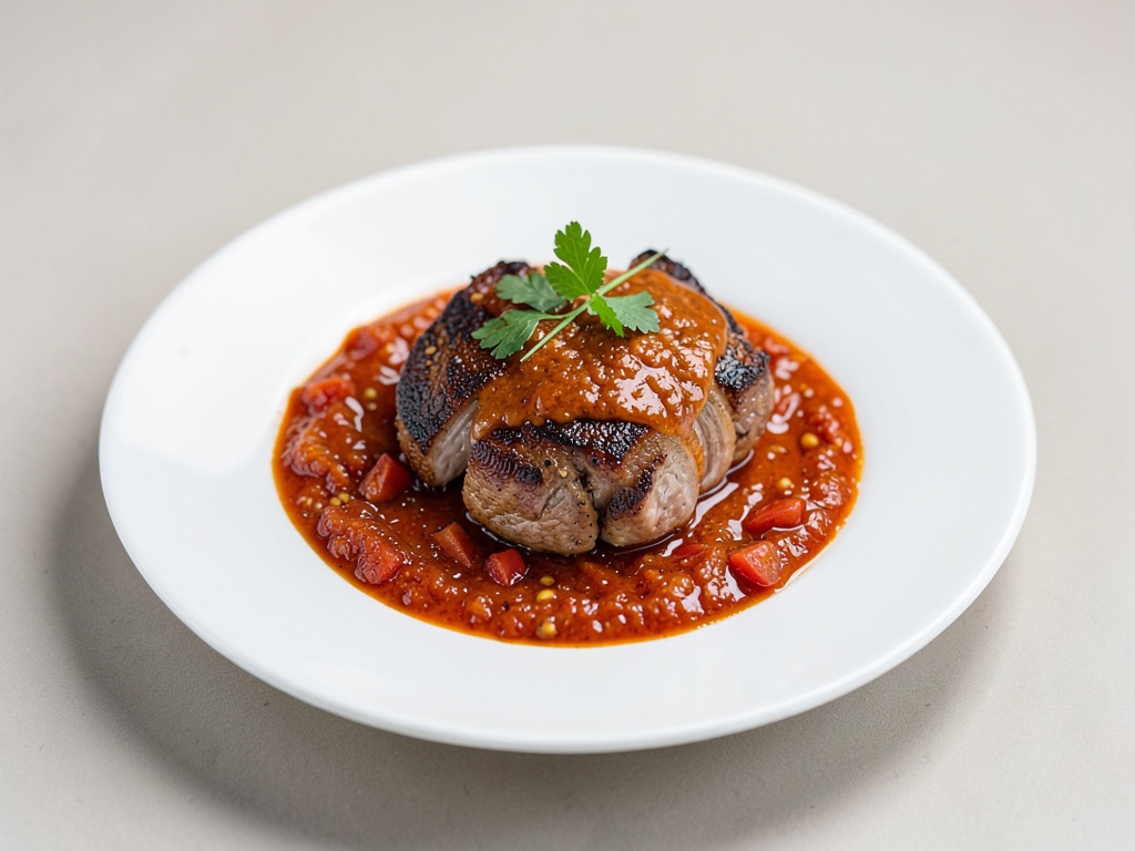 Salsa di pomodori piccante con costolettes d'agnello croccanti