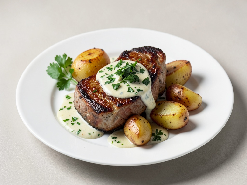 Costolette d'agnello croccanti con salsa fresca alle erbe e patate al forno