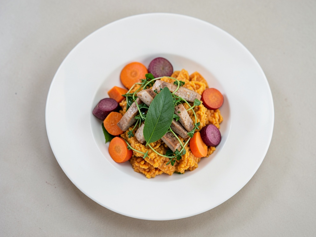 Filetto di agnello con crosta alle erbe e crema cremosa di patate dolci e carote