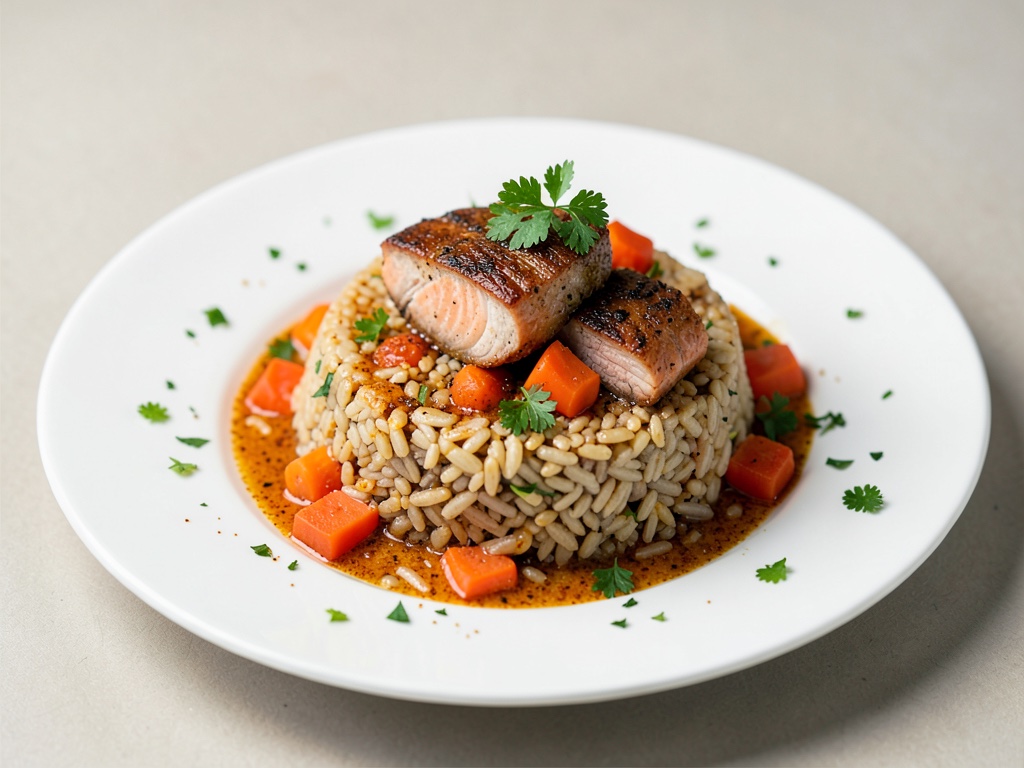 Riso selvatico orientale con agnello-salmone e carote in salsa alle spezie