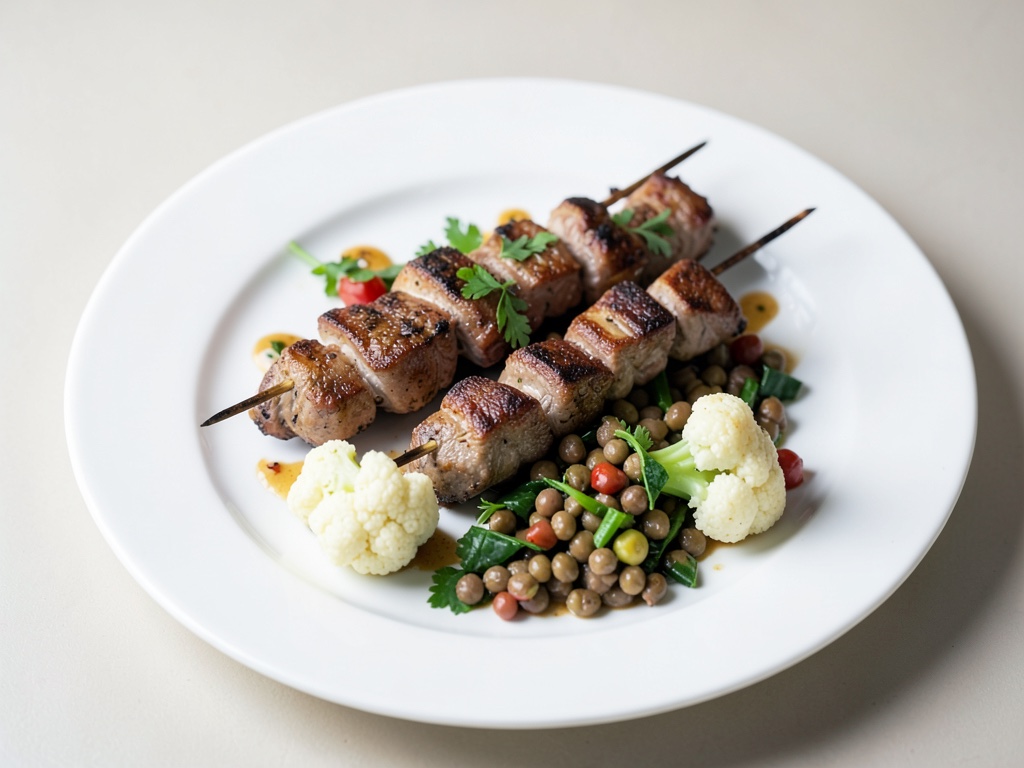 Spiedini di agnello con insalata fredda di cavolfiore e lenticchie