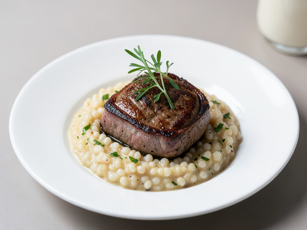 Bistecche di agnello su risotto di orzo perlato