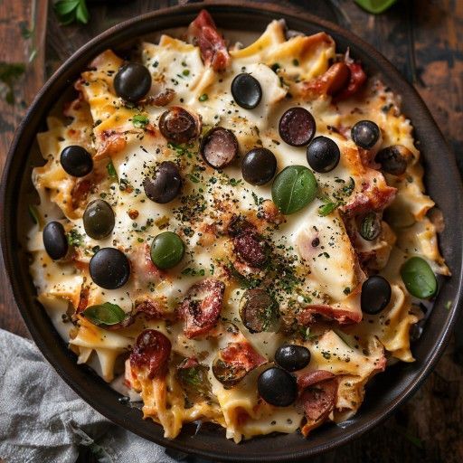 Hähnchen-Lasagne mit Provolone und Oliven