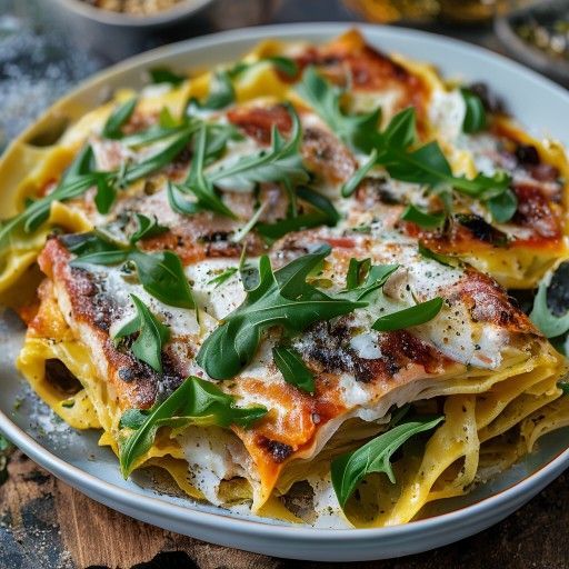 Wildlachs-Lasagne mit Rucola und Mozzarella