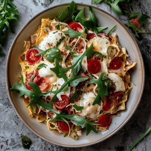 Hausgemachte Lasagne mit frischem Rucola-Tomaten-Salat