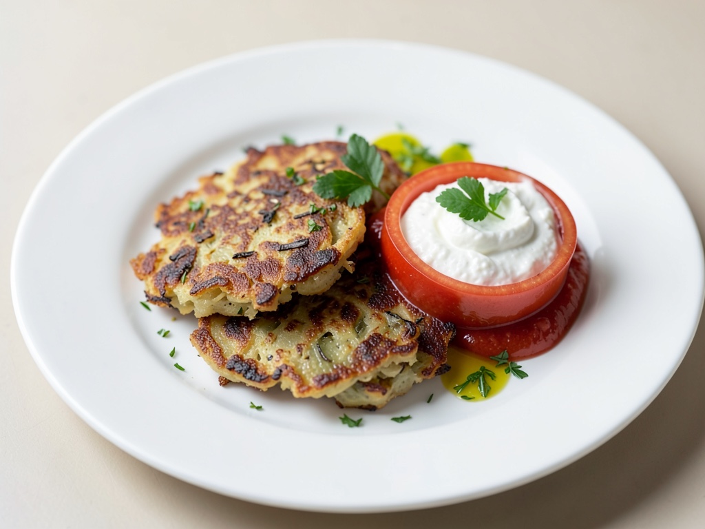 Frittelle croccanti di porro e patate con fresco dip di formaggio fresco e pomodori