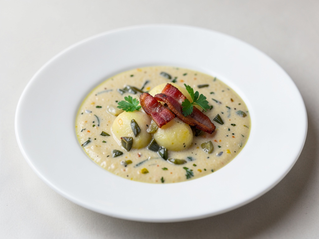 Sopa cremosa de puerro y patata con bacon crujiente