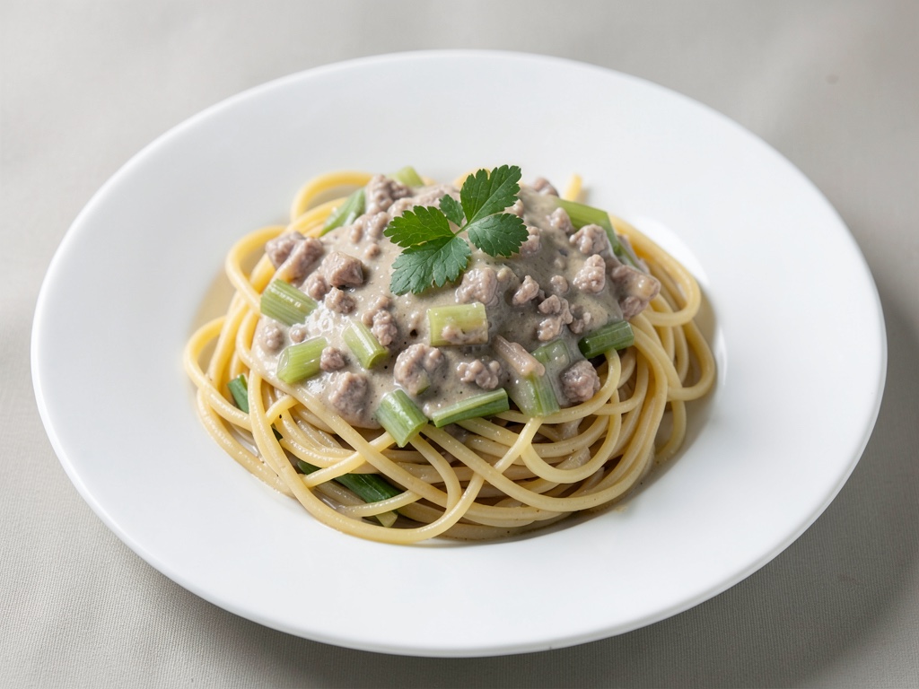Spaghetti mit Lauch und cremiger Thunfischsauce