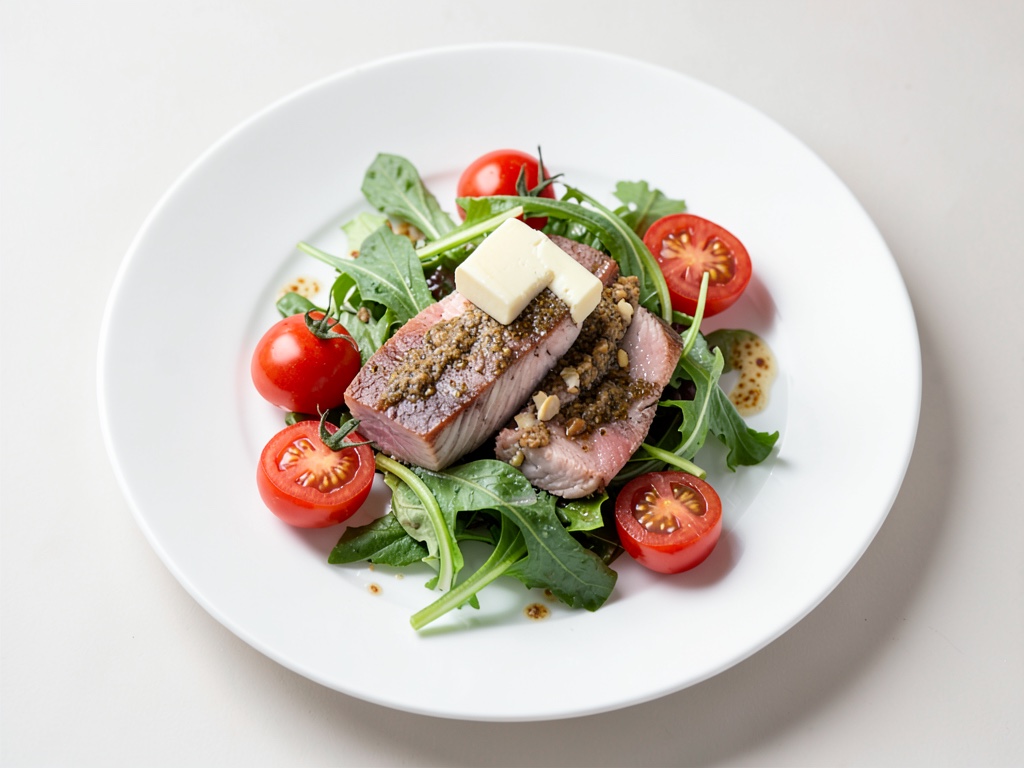 Insalata fresca di porro e pomodoro con trota