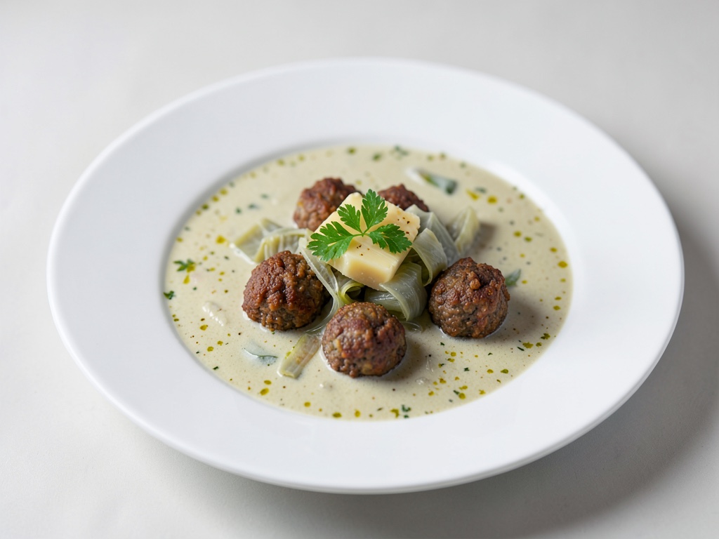 Zuppa cremosa di porri con formaggio e polpettine di carne fritte