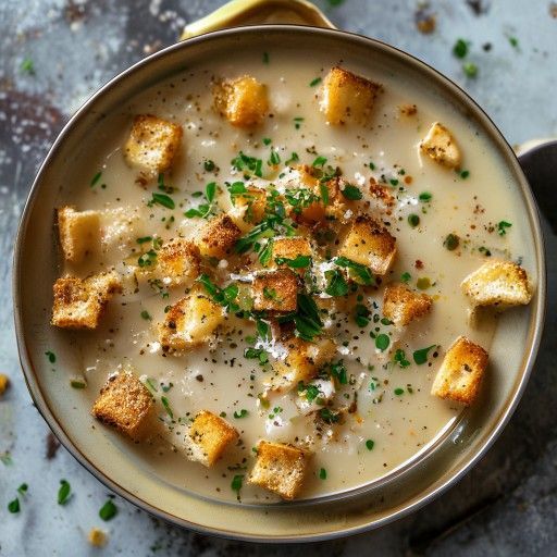 Sopa cremosa de cebolleta con crutons crujientes y queso