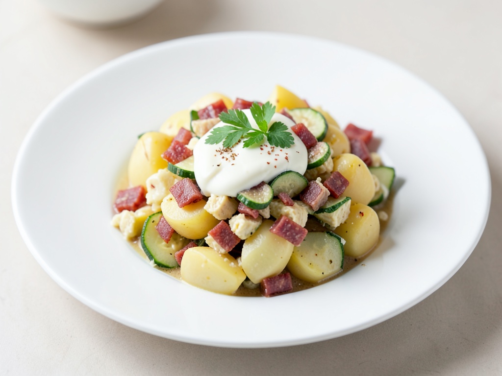Insalata di patate calda con burro all'aglio, chorizo e zucchine