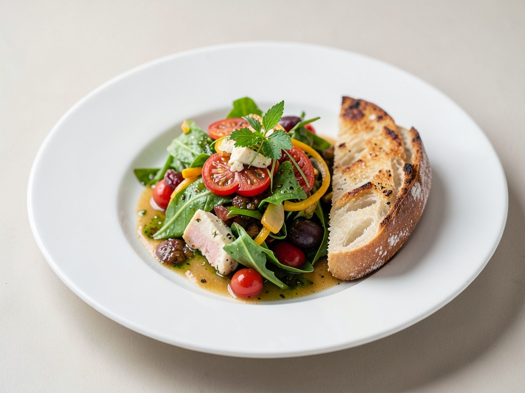 Insalata tiepida di verdure con baguette al formaggio di capra tostato