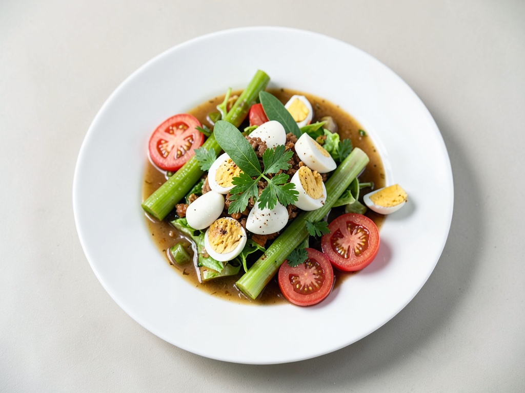 Insalata tiepida di porro e pomodori con uova e prezzemolo fresco